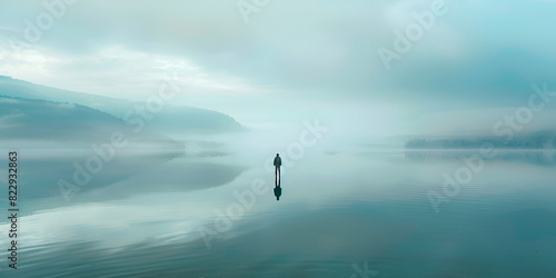 A lone person standing in the middle of a lake  person standing on a lake surrounded by fog © Muhammad