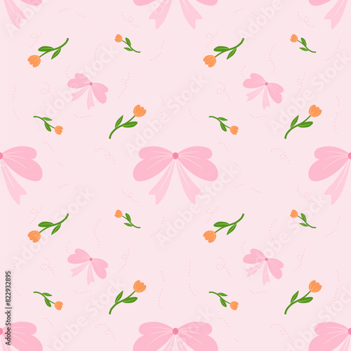 Flower and ribbon vector seamless pattern with flowers, leaves and ribbon Beautiful hand drawn 