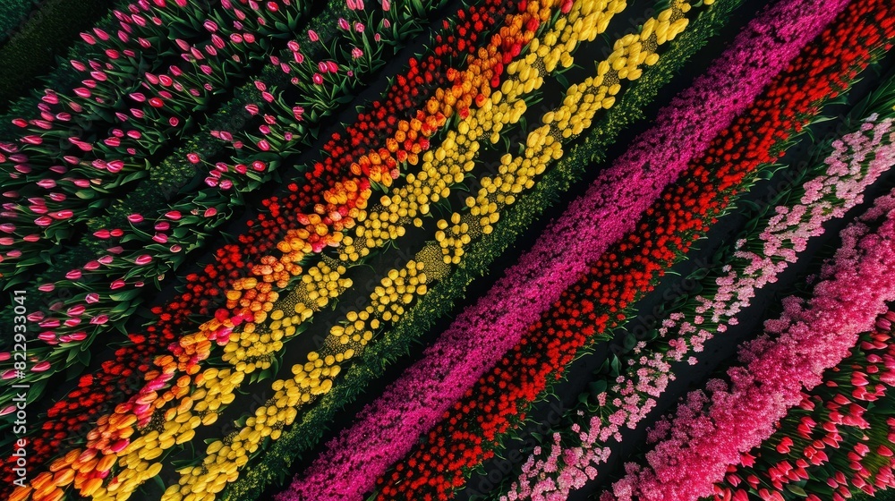 Aerial shot of a tulip farm with a dazzling array of colors, highlighting the diversity and beauty of the flowers in bloom Aerial shot of a tulip farm with a dazzling array of colors, highlighting the diversity and beauty of the flowers in bloom