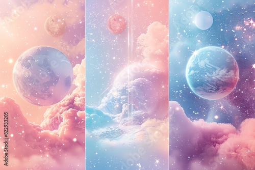 Dreamy space exploration image of pastelcolored planets and stars in a 3Drendered galaxy, focus on, cosmic fantasy theme, ethereal, Composite, outer space photo