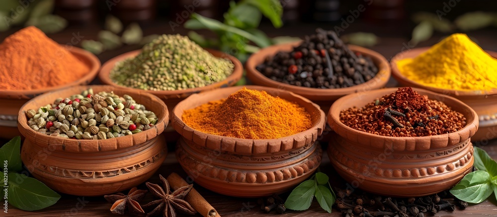 Assortment of Traditional Indian Culinary Spices and Aromatic Herbs Displayed in Rustic Earthenware Bowls