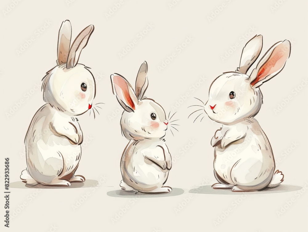 Fototapeta premium A charming illustration of three cute white bunnies standing on a light background, perfect for children's books or Easter themes.
