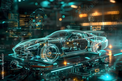 Futuristic Holographic Diagram of Retrofitted Sci Fi Automobile Showcased by Technician