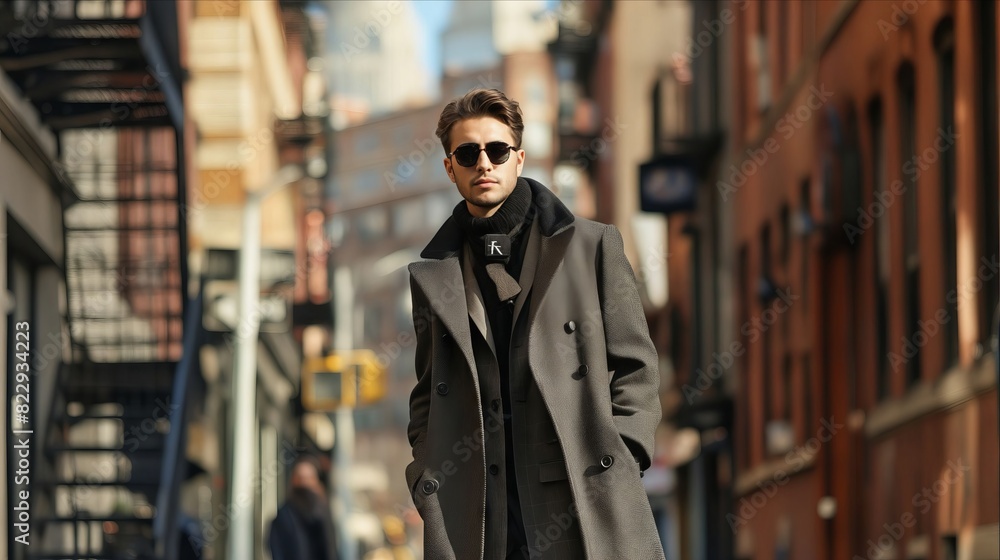 A man in a coat and sunglasses walking down a city street. A man in a coat and sunglasses walking down a city street.