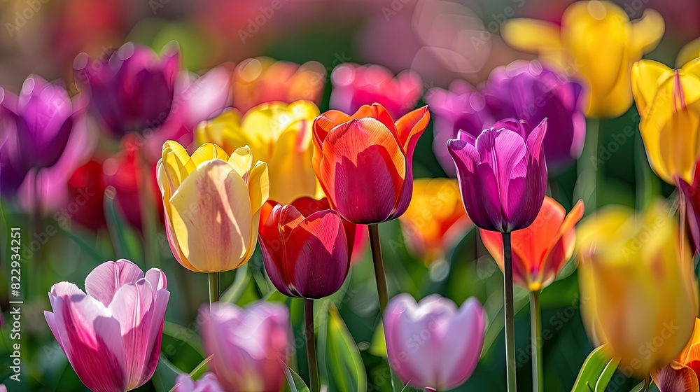 Close-up of multicolored tulips in full bloom, showcasing a vibrant array of red, yellow, pink, and purple petals Close-up of multicolored tulips in full bloom, showcasing a vibrant array of red, yellow, pink, and purple petals