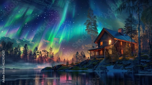 Colorful aurora borealis painting the sky over a traditional Finnish cottage nestled in the wilderness
