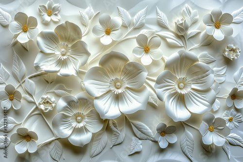 Close-Up Image of Elegant Flower and Leaf Designs in Plaster. Created with Ai © Stock
