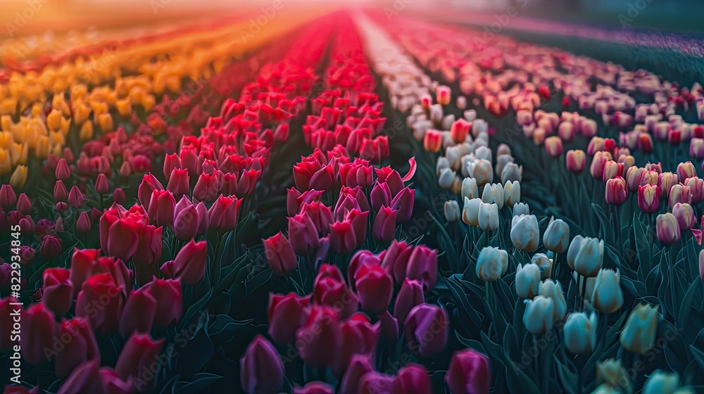 Field of blooming tulips with different colors arranged in a gradient pattern, creating a visually stunning effect