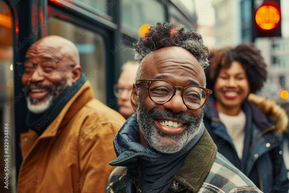 Happy senior african american man with eyeglasses walking on the street. Happy senior african american man with eyeglasses walking on the street.