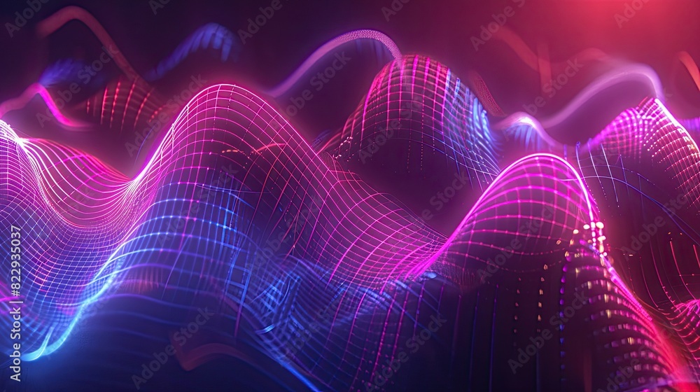 Fototapeta premium Glowing neon light waves pulsating against a dark background, juxtaposed with sound waves depicted as dynamic waveforms