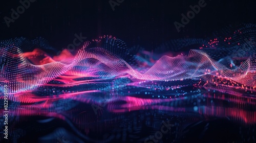 Glowing neon light waves pulsating against a dark background, juxtaposed with sound waves depicted as dynamic waveforms © chanidapa