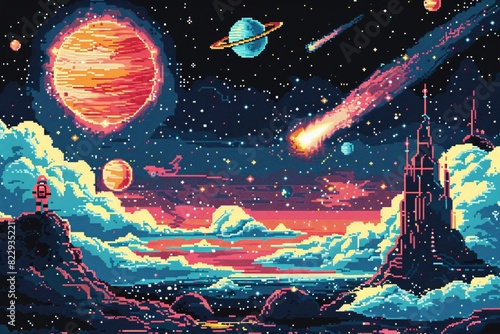 A pixelated space scene with cartoon astronauts  planets  and a spaceship exploring the galaxy.