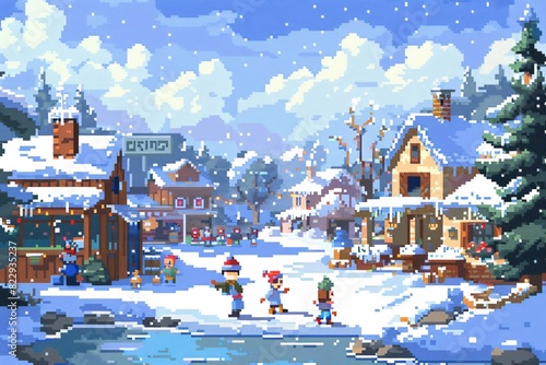 A pixelated winter wonderland with cartoon characters ice skating, building snowmen, and having snowball fights.