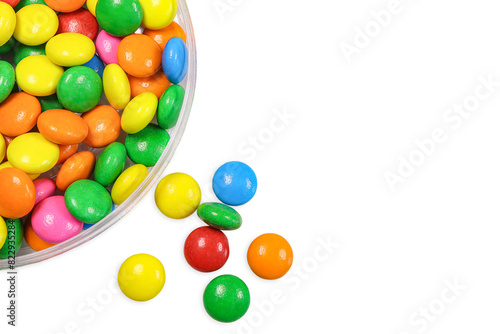 Colourful chocolate candies, multicolored glazed chocolate in a box on white background with clipping path.Top view Milk chocolate candy