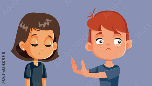 Little Boy Rejecting a Fellow Classmate Vector Cartoon Illustration. Unhappy girl feeling refused by a classmate 
