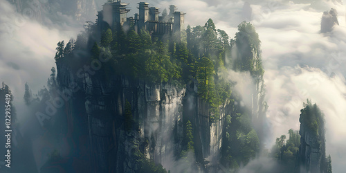  castle is perched on a mountain  surrounded by mist and tree