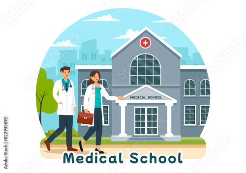 Medical School Vector Illustration with Students Listening to a Lecture and Learning Science in a Classroom in a Flat Cartoon Style Background