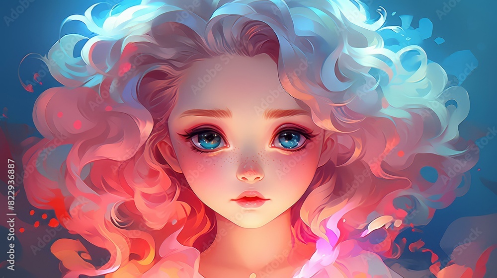 Obraz premium Chibistyle art with wavy lines, vivid colors in a cartoony, stylized digital format.