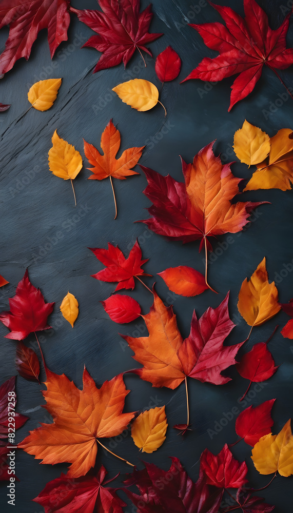 A flat lay of various autumn leaves in red, orange, and yellow hues arranged on a dark slate background. A flat lay of various autumn leaves in red, orange, and yellow hues arranged on a dark slate background.