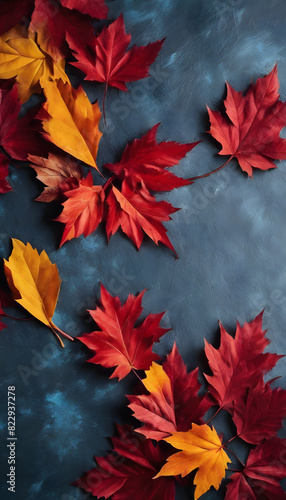Autumn leaves in red and yellow colors arranged on a dark textured background.