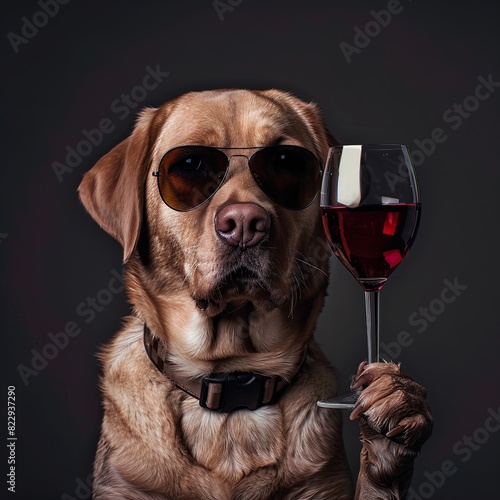 A Labrador Retriever in classic sunglasses, holding a glass of red wine with a relaxed demeanor