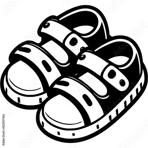 Pair of open summer sandals with velcro in monochrome. Fashionable casual shoes. Simple minimalistic vector in black ink drawing on transparent background