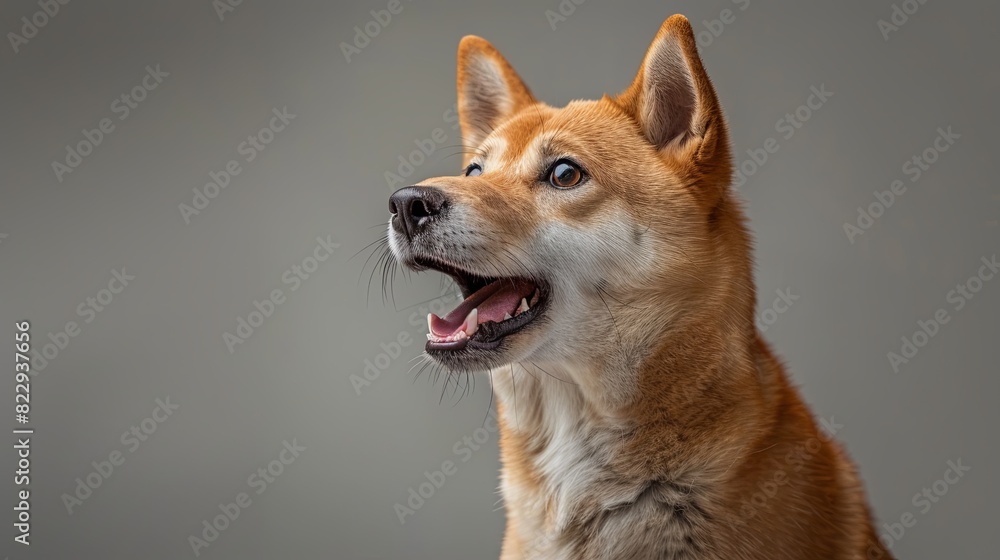 A Shiba Inu dog with a surprised expression, wide eyes, and an open mouth, looking to the left.