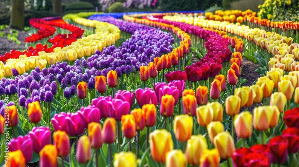 Rows of brightly colored tulips, with each row displaying a different hue, forming a picturesque pattern in the garden Rows of brightly colored tulips, with each row displaying a different hue, forming a picturesque pattern in the garden