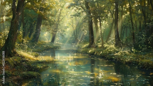 Sunlight filtering through trees, casting dappled reflections on a tranquil forest stream
