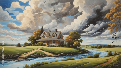 a rural landscape with a river in the foreground, a house in the middle, and birds flying overhead. photo