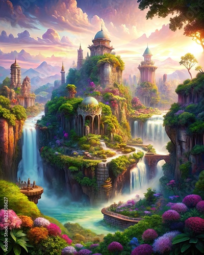 paradise land with beautiful gardens waterfalls © alone