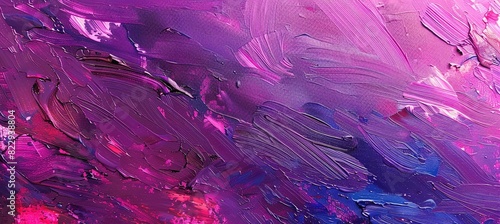Closeup of a vibrant painting with shades of purple and pink on a dark canvas