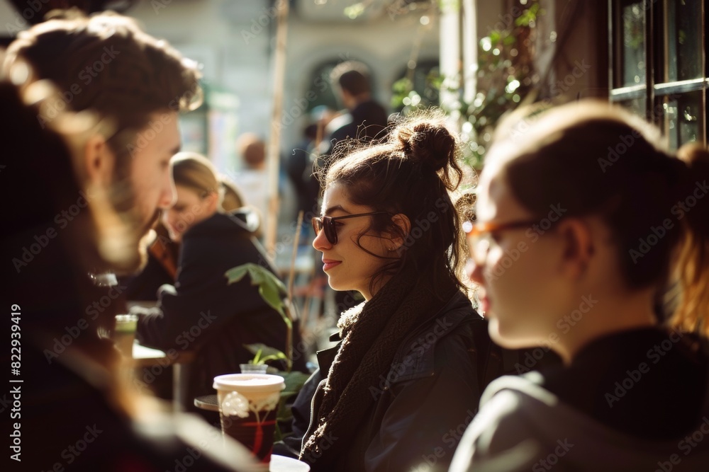 Group of young people sitting in a cafe and drinking coffee. Selective focus. Group of young people sitting in a cafe and drinking coffee. Selective focus.