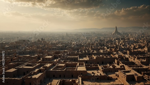 Modern city skyline contrasting with ancient city layout Indus valley of civilization 