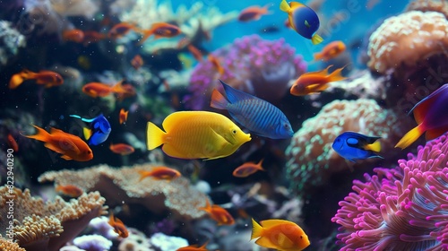 A colorful array of tropical fish darting among vibrant coral reefs in a pristine underwater paradise. 32k, full ultra HD, high resolution