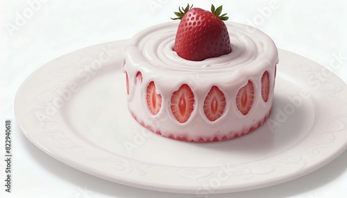 Milk pudding has strawberries on the top and side. Generative AI image.