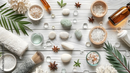 Cosmetic bottle containers  skin cream with flowers. Natural beauty and spa concept  Top view on white  wood table background.