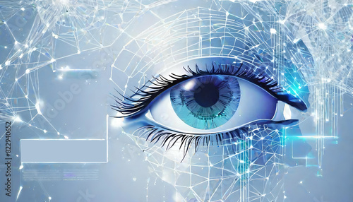 Digital blue eyes on blue background. Generative AI illustration.