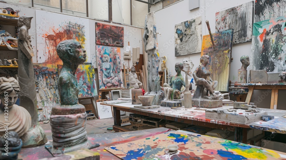 An artistic studio filled with unfinished canvases, vibrant paint splatters, and various sculptures in progress. An artistic studio filled with unfinished canvases, vibrant paint splatters, and various sculptures in progress.