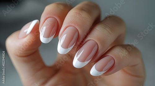 Hand with classic French manicure. Close-up studio photography. Beauty and personal care concept for design and print.