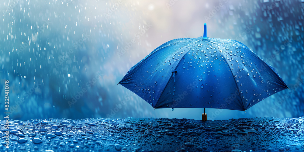 Close-Up of Blue Umbrella with Raindrops Against Textured Background