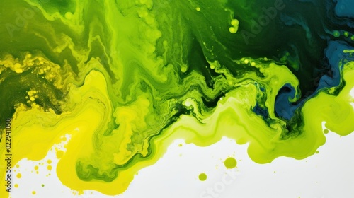 Abstract yellow and green paint splash on white background, an image colored ink poured over a flat surface. Banner with copy space.