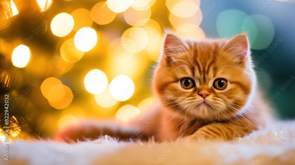 Beautiful and adorable Exotic Shorthair cat lying on blanket near by blurred Christmas tree on the cozy indoor background. New year festive picture. Greeting placard template. Beautiful and adorable Exotic Shorthair cat lying on blanket near by blurred Christmas tree on the cozy indoor background. New year festive picture. Greeting placard template.