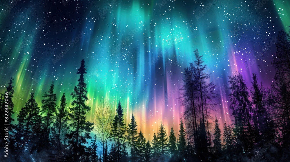 multi-hued curtains of the aurora borealis undulating across night sky, celestial lights in motion multi-hued curtains of the aurora borealis undulating across night sky, celestial lights in motion