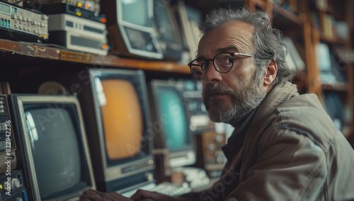 An old man in glasses in the shop of old tv and radio. Created with Ai