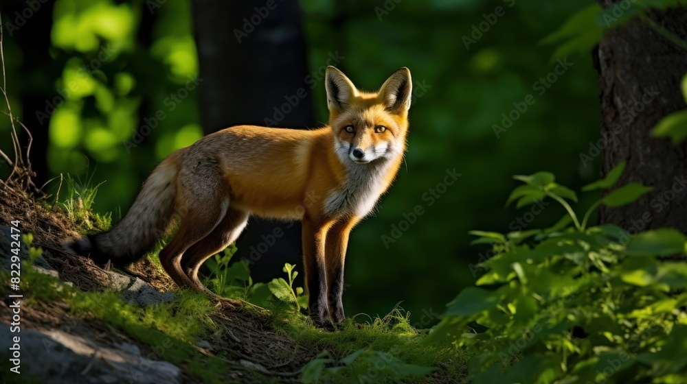 Beautiful red fox in the forest, outdoor wild nature background with copy space. Beautiful red fox in the forest, outdoor wild nature background with copy space.