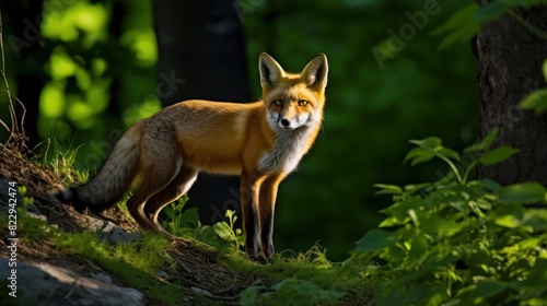 Wallpaper Mural Beautiful red fox in the forest, outdoor wild nature background with copy space. Torontodigital.ca