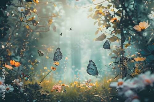 Summer meadow - wild flowers and butterflies. Horizontal banner photo