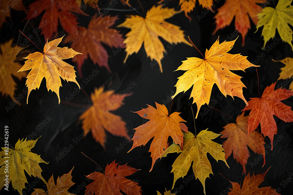 Autumn maple leaves on a carbon black background. Vibrant fall colors create a striking contrast, Autumn maple leaves on a carbon black background. Vibrant fall colors create a striking contrast,