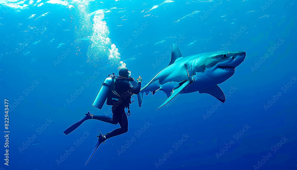 Fototapeta premium Scuba Diver and Great White Shark 
